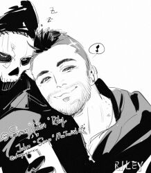  2boys call_of_duty call_of_duty:_modern_warfare_2 cellphone chanyuqianxin commentary english_text facial_hair ghost_(modern_warfare_2) head_on_another's_shoulder holding holding_phone hood hood_down hoodie male_focus mask mohawk multiple_boys musical_note phone short_hair simple_background skull_mask sleeping smile soap_(modern_warfare_2) speech_bubble untranslatable_commentary upper_body white_background zzz 