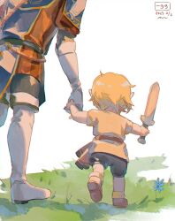  2boys aged_down blonde_hair boots dated father_and_son flower grass holding holding_hands holding_sword holding_weapon link male_focus multiple_boys pointy_ears rain_rkgk royal_guard_set_(zelda) short_hair sword the_legend_of_zelda the_legend_of_zelda:_breath_of_the_wild the_legend_of_zelda:_tears_of_the_kingdom weapon white_background white_boots wooden_sword 