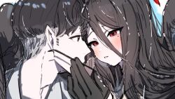  1boy 1girl black_gloves black_hair black_wings blue_archive blush commentary eye_contact glasses gloves hair_between_eyes hasumi_(blue_archive) hetero kasasagi_(futagodori888) long_hair long_hair_between_eyes looking_at_another mole mole_under_eye red_eyes removing_eyewear round_eyewear sensei_(blue_archive) very_long_hair wings 
