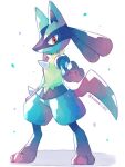  closed_mouth commentary_request full_body highres kotone11152 looking_down lucario no_humans orange_eyes pokemon pokemon_(creature) simple_background solo standing toes twitter_username white_background yellow_fur 