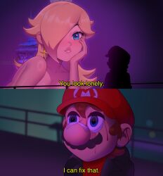  bandaid bandaid_on_face bandaid_on_nose bare_shoulders black_jacket blade_runner_(series) blade_runner_2049 blonde_hair blood blood_on_face blue_eyes blurry blurry_background blush brown_hair collarbone earrings facial_hair gold_earrings hair_between_eyes hair_over_one_eye hand_on_own_face hat highres hologram jacket jewelry lepire long_hair looking_down looking_up mario mario_hat meme mustache red_hat red_shirt rosalina shirt silhouette super_mario_bros. super_mario_galaxy you_look_lonely_(meme) 