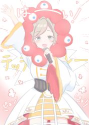  1girl :d absurdres black_corset blue_eyes ceras_yanagida_lilienfeld commentary_request corset cowboy_shot crinoline dress edelied expo2025 gradient_background grey_hair highres holding holding_microphone iroha_(nami3) link!_like!_love_live! long_sleeves looking_at_viewer love_live! microphone myaku-myaku open_mouth pink_background skirt smile solo standing translation_request virtual_youtuber white_dress wide_sleeves yellow_skirt 