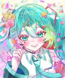  1girl ai_kotoba_v_(vocaloid) aqua_eyes aqua_hair aqua_nails aqua_necktie aqua_trim blush collared_shirt commentary detached_sleeves gradient_hair green_hair hair_between_eyes hair_ornament hatsune_miku highres long_hair long_sleeves looking_at_viewer multicolored_hair necktie open_mouth pink_hair pink_nails sakanoi_noa shirt sleeveless sleeveless_shirt smile string string_of_fate twintails very_long_hair vocaloid watermark white_shirt wide_sleeves 