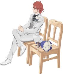  1boy artist_request black_necktie bouquet brown_eyes chair closed_mouth crossed_legs flower full_body game_cg highres kratos_aurion looking_afar medium_hair necktie official_alternate_costume official_art on_chair own_hands_together pants red_hair rose shoes sitting solo suit tales_of_(series) tales_of_asteria tales_of_symphonia third-party_source transparent_background wedding wedding_suit white_flower white_pants white_rose white_shoes white_suit wooden_chair 