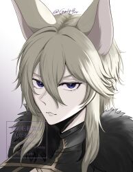  1girl animal_ears black_bodysuit blonde_hair bodysuit cat_ears cat_girl fur_trim gmlq9n gold_trim hair_between_eyes highres kage_no_jitsuryokusha_ni_naritakute! looking_at_viewer short_hair_with_long_locks solo twitter_username violet_eyes zeta_(kagejitsu) 