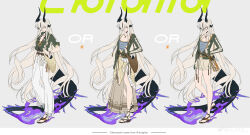  1girl absurdres arknights bag black_horns blonde_hair camisole chinese_commentary commentary_request dragon_girl dragon_horns dragon_tail english_text fire flame-tipped_tail green_eyes green_shirt hair_over_one_eye highres horns jewelry long_hair multiple_views necklace necrass_(arknights) purple_fire sandals shirt shoulder_bag spaghetti_strap striped_camisole tail very_long_hair watermark weibo_username weibo_watermark z3zz4 