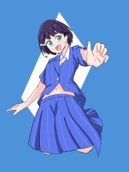  1girl azabu_mai blue_background blue_eyes blue_jacket blue_skirt collared_shirt commentary_request crop_top cropped_jacket cropped_legs cropped_shirt hair_ornament hairclip highres ikizulive!_love_live!_bluebird jacket love_live! midriff mifukuzawa miniskirt navel outstretched_arms pinstripe_jacket pinstripe_pattern pinstripe_skirt pleated_skirt purple_hair shirt short-sleeved_jacket short_hair short_sleeves skirt solo what_is_my_life?_(love_live!) white_shirt 