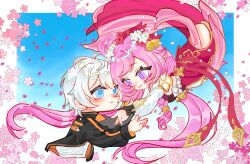  1boy 1girl artist_request blue_eyes blue_sky blush cherry_blossoms chibi chibi_only china_dress chinese_clothes chinese_commentary clouds cloudy_sky couple dress elysia_(herrscher_of_human:_ego)_(honkai_impact) elysia_(honkai_impact) elysia_(peachy_spring)_(honkai_impact) falling floating_hair hair_between_eyes hair_ornament happy hetero highres holding_hands honkai_(series) honkai_impact_3rd jacket kevin_kaslana long_hair long_sleeves looking_at_another looking_down looking_up official_alternate_costume open_clothes open_jacket outdoors parted_lips pointy_ears second-party_source shirt sky smile very_long_hair violet_eyes white_hair white_shirt 