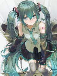  1girl aqua_eyes aqua_hair aqua_necktie aqua_trim black_skirt black_sleeves collarbone collared_shirt commentary_request dot_nose hair_between_eyes hair_ornament hand_on_own_knee hatsune_miku highres long_hair long_sleeves looking_at_viewer miniskirt necktie nik_ibi pleated_skirt shirt sitting skirt sleeveless sleeveless_shirt solo speaker tie_clip twintails very_long_hair vocaloid white_shirt 