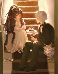  1boy 1girl absurdres alternate_costume black_bow black_bowtie black_pants bow bowtie cake cake_slice chinese_commentary closed_mouth collared_shirt commentary_request couple dress flower food fork full_body glasses high_ponytail highres holding holding_fork holding_plate honkai_(series) honkai_impact_3rd indoors kevin_kaslana long_sleeves mei_(honkai_impact) pants plate ponytail purple_hair shade shadow shirt sitting sitting_on_stairs stairs suit tuxedo violet_eyes white_hair white_shirt yunzhongqi 