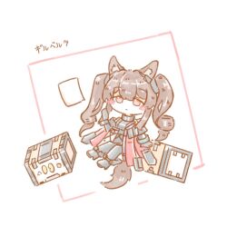  1girl :| angelina_(arknights) animal_ear_fluff animal_ears arknights arknights:_endfield black_gloves black_thighhighs blush brown_hair character_name closed_mouth coat commentary_request dress elbow_gloves expressionless fox_ears fox_girl fox_tail full_body gilberta_(arknights) gloves grey_dress headpiece high_collar long_hair long_sleeves no_nose red_coat red_eyes simple_background solo tail thigh-highs twintails white_background yatagae_(yatuno_llc) 