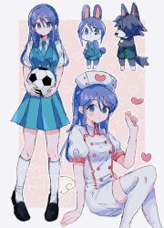  1boy 1girl animal_crossing black_shoes blue_eyes blue_necktie blue_skirt blue_vest border commentary crossover dress furry furry_female hair_over_one_eye half_updo hand_up hat heart highres inazuma_eleven inazuma_eleven_(series) kijibato0519 kudou_fuyuka kudou_michiya long_hair looking_at_viewer multiple_views necktie nurse nurse_cap orange_background pleated_skirt ponytail purple_hair rabbit_girl school_uniform shirt shoes short_ponytail sitting skirt socks thigh-highs untranslatable_commentary vest white_border white_dress white_shirt white_socks white_thighhighs wolf_boy 