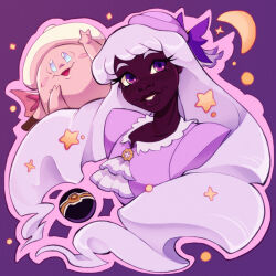  1girl black_history_month clefable dark-skinned_female dark_skin fascinator hair_ornament highres jacinthe_(pokemon) long_hair low_drills mega_clefable parted_lips poke_ball pokemon pokemon_(creature) pokemon_legends:_z-a puffy_sleeves purple_theme smile solo_focus southpauz star_(symbol) upper_body very_dark_skin violet_eyes 