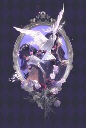  1girl 2girls absurdres bird chinese_commentary closed_eyes commentary_request dove flower highres long_hair mirror multiple_girls original picture_frame plaid_background portrait profile purple_background purple_hair rafaelaaa rose solo two-tone_background 