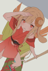  1girl absurdres animal_ears bare_shoulders blonde_hair cho_kaguya-hime! clenched_teeth clothing_cutout commentary crescent crescent_hair_ornament hair_ornament hammer highres holding holding_hammer japanese_clothes kaguya_(cho_kaguya-hime!) kimono long_sidelocks looking_at_viewer lop_rabbit_ears orange_eyes pink_shoes rabbit_ears red_kimono rezin531 serious shading_eyes shoes shoulder_cutout sidelocks simple_background solo teeth unfinished white_background 