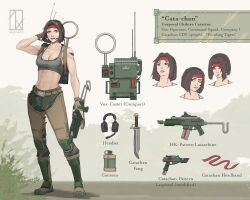  1girl abs absurdres arm_tattoo armor artist_logo artist_name astra_militarum bandana belt bikini boots breasts brown_eyes brown_gloves camouflage camouflage_bikini camouflage_pants canteen catachan_jungle_fighter chihiro_catarine combat_boots combat_knife gloves headband headset highres imperial_aquila knife large_breasts lasgun laspistol logo muscular muscular_female original pants radio red_headband short_hair simple_background smirk swimsuit tattoo utility_belt warhammer_40k weapon zephart 