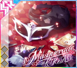  2girls album_cover amane_ai black_mask broken_glass brown_eyes brown_hair cover diffraction_spikes english_text eye_mask flower game_cg glass grin idol_wars kaga_miyabi mask masquerade_mask mouth_mask multiple_girls official_art official_art_inset pink_flower pink_rose purple_hair rose shirt smile sparkle third-party_source unworn_mask violet_eyes white_mask white_shirt 