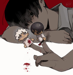  1boy asakura_(asakuraren01) black_hair bleeding blood character_doll character_puppet collared_shirt commentary doll finger_puppet highres hikaru_ga_shinda_natsu holding holding_knife indou_hikaru knife male_focus mole mole_under_eye mole_under_mouth murder puppet red_background red_eyes shirt short_hair signature smile tsujinaka_yoshiki untranslatable_commentary white_shirt 
