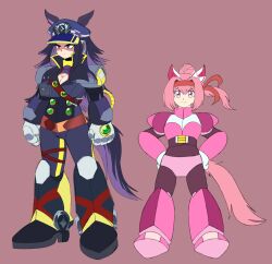  2girls absurdres android animal_ears armor belt_around_waist black_hair black_jacket black_necktie bow breast_pocket breasts brown_hair buruma chest_jewel cleavage_cutout clenched_hands closed_eyes clothing_cutout ear_bow ear_covers earrings fenomeno_(black_flames_of_the_righteous_spirit)_(umamusume) fenomeno_(umamusume) flipped_hair full_body gloves grey_background hair_between_eyes hair_ornament hand_jewel haru_urara_(bestest_prize)_(umamusume) haru_urara_(umamusume) hat headband high_collar highres horse_ears horse_girl horse_tail jacket jewelry joints large_breasts long_hair looking_at_viewer lueduar mega_man_(series) mega_man_x_(series) multicolored_hair multiple_girls necktie peaked_cap pink_armor pink_background pink_hair pocket ponytail purple_hair red_buruma red_headband red_shirt robot robot_ears robot_girl robot_joints shirt short_hair simple_background single_earring smile striped_hat tail thumbs_up two-tone_hair umamusume violet_eyes white_bow wolf_cut 