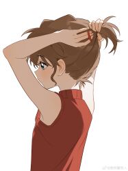  1girl absurdres arms_up bisho_imobing_hito blue_eyes brown_hair commentary_request haibara_ai hair_tie highres looking_ahead meitantei_conan red_sweater simple_background sleeveless sleeveless_sweater solo sweater tying_hair upper_body white_background 