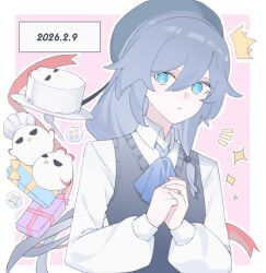  1girl ^^^ beret blue_eyes border box cake commentary_request dated food fu_hua gift gift_box grey_hair grey_hat hair_between_eyes hat highres holding holding_spoon honkai_(series) honkai_impact_3rd jingwei_(bird) long_sleeves looking_at_viewer manfu_w notice_lines outline own_hands_together parted_lips pink_background puffy_long_sleeves puffy_sleeves shirt spoon sweater_vest white_border white_outline white_shirt 