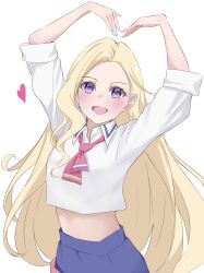  1girl :d arms_up blonde_hair blue_nails blue_skirt blush collared_shirt commentary_request fingernails heart_arms highres ikizulive!_1st_live_~what_is_my_l?~ ikizulive!_love_live!_bluebird konohana_aurora looking_at_viewer love_high_school_uniform love_live! midriff pleated_skirt regain_again_llllove school_uniform shirt simple_background skirt sleeves_rolled_up smile solo three-quarter_sleeves tomoe_(tomoe_200) violet_eyes white_background white_shirt 