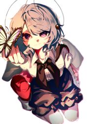  1girl ascot bare_legs black_ascot bug butterfly butterfly_on_hand cape green_hair highres red_cape ryomochi shirt touhou violet_eyes white_shirt wriggle_nightbug 