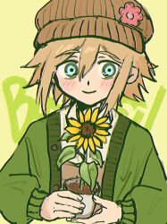  1boy basil_(birthday)_(omori) basil_(faraway)_(omori) basil_(omori) blonde_hair blush brown_hat brown_overalls cardigan character_name chromatic_aberration closed_mouth collared_shirt commentary_request cropped_torso double-parted_bangs fingernails flipped_hair flower flower_pot green_cardigan hair_between_eyes hands_up hat highres holding holding_flower_pot looking_at_viewer male_focus newsboy_cap official_alternate_costume omori open_cardigan open_clothes overalls pink_flower plant potted_plant shirt short_hair sidelocks smile solo straight-on sunflower tareme uuuu_myu white_shirt yellow_background 