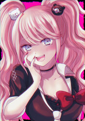  1girl :d asaho bear_hair_ornament black_choker blue_eyes blush bow bowtie breasts choker collarbone commentary_request danganronpa:_trigger_happy_havoc danganronpa_(series) enoshima_junko eyelashes eyes_visible_through_hair fingernails furrowed_brow hair_ornament hand_on_own_cheek hand_on_own_face hand_up highres large_breasts long_fingernails long_hair long_sleeves looking_at_viewer nail_polish naughty_face necktie open_mouth pink_background pink_hair red_bow red_bowtie red_nails school_uniform shaded_face sidelocks simple_background sleeves_rolled_up smile solo spoilers swept_bangs teeth twintails upper_body upper_teeth_only very_long_hair wavy_hair white_necktie 