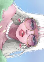  1girl absurdres blue_eyes chan_chikame cherry commentary english_commentary eyelashes food fruit fur_trim gem green_fur highres jewelry lips long_hair mole mole_under_mouth necklace nose original pearl_(gemstone) piercing realistic simple_background solo sparkle sunglasses white_hair wispy_bangs 