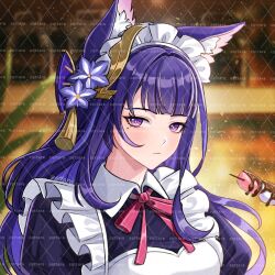  1girl alternate_costume animal_ear_fluff animal_ears apron artist_request blue_pupils blurry blurry_background cat_ears cat_girl close-up closed_mouth commission expressionless food frilled_apron frills genshin_impact gradient_hair hair_ornament highres holding holding_food indoors looking_at_viewer maid maid_headdress mole mole_under_eye multicolored_eyes multicolored_hair plant purple_hair raiden_shogun solo upper_body violet_eyes wagashi 