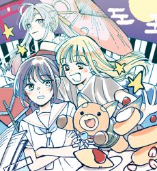  3girls :d ahoge blonde_hair blue_eyes blue_neckerchief book brown_eyes cho_kaguya-hime! commentary_request crossed_arms egasumi food fruit fushi_(cho_kaguya-hime!) grey_hair highres holding holding_umbrella inudoge kaguya_(cho_kaguya-hime!) long_hair looking_at_another looking_back moon multiple_girls neckerchief oil-paper_umbrella omelet omurice open_mouth pancake partially_colored ponpocoponco runami_yachiyo sailor_collar sakayori_iroha school_uniform shirt short_hair short_sleeves smile star_(symbol) strawberry torii twintails umbrella upper_body white_shirt 