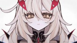  1girl animated animated_gif blinking closed_mouth commentary_request eye_hair_ornament flower-shaped_pupils genshin_impact hair_between_eyes hair_ornament haruki_soo long_hair looking_at_viewer portrait red_wings ronova_(genshin_impact) side_ahoge solo symbol-shaped_pupils twitter_username white_hair wings yellow_eyes 