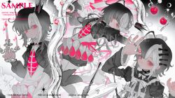  1girl absurdres ahoge black_bow black_hair black_thighhighs bow candle candlestand closed_mouth commission crown dress expressionless fire fork gem glowing glowing_eyes hair_bow highres holding holding_candlestand holding_gem jewelry juliet_sleeves long_hair long_sleeves looking_at_viewer mihuashi_commission mini_crown multicolored_hair multiple_views original pink_bow pink_eyes pink_fire pink_gem plate puffy_sleeves ring sample_watermark streaked_hair thigh-highs watermark white_bow xue_ding_kuangquan 