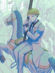  1boy armband averting_eyes black_shirt blonde_hair blue_armband blue_eyes carousel coat collared_shirt dress_shirt feet_out_of_frame griffin_stewart hashtag-only_commentary highres horse male_focus mouenante necktie oshi_no_taisetsuna_hito_ni_narikawaru pants sad shirt short_hair sitting solo white_coat white_necktie white_pants 