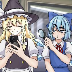  black_hat black_vest blue_bow blue_eyes blue_hair blue_vest bow buttons cellphone cirno closed_eyes english_commentary gem_alert_(meme) hair_bow hat holding holding_magnifying_glass ice ice_wings kirisame_marisa long_hair looking_at_another looking_through_magnifying_glass magnifying_glass meme mini-hakkero naughty_face o3o phone raised_eyebrow red_ribbon ribbon shirt short_hair sitting skyder_j smartphone touhou train_interior vest white_bow white_ribbon white_shirt wings witch_hat 
