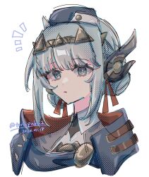  1girl android ben-day_dots blue_eyes blue_hair cape commentary_request genshin_impact hair_between_eyes hair_ornament hat headgear highres ineffa_(genshin_impact) looking_at_viewer open_mouth parted_lips portrait robot_ears screentones short_hair sidelocks solo toriniku_(tori_paku2) twitter_username white_background 