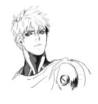  1boy black_sclera closed_mouth colored_sclera earrings genos greyscale hair_between_eyes jewelry kenny_(poe90) male_focus monochrome one-punch_man simple_background sketch solo stud_earrings upper_body white_background 