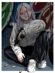 1girl alternate_costume black_pants bullet_hole dreadlocks frown gun highres higuchi_kaede holding holding_gun holding_weapon ike_(pixiv87705047) jacket looking_at_viewer nijisanji pants purple-tinted_eyewear shell_casing shoes sitting sneakers solo submachine_gun tinted_eyewear track_pants uzi weapon white_hair white_jacket white_shoes 