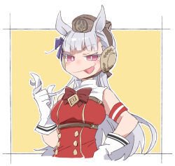  1girl :p beer_hsk border bow breasts brown_background brown_bow brown_hat closed_mouth commentary_request cropped_torso dress ear_covers gloves gold_ship_(red_strife)_(umamusume) gold_ship_(umamusume) grey_hair hat long_hair medium_breasts mini_hat pink_eyes red_dress sleeveless sleeveless_dress smile solo tongue tongue_out twirling_hair umamusume upper_body very_long_hair white_border white_gloves 