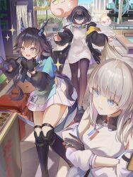  3girls absurdres arknights arknights:_endfield black_boots black_coat black_gloves blindfold_mask blue_eyes blue_gloves blunt_bangs boots brown_hair chen_qianyu_(arknights) chigusa7h closed_mouth coat crossed_arms dragon_horns dragon_tail dress endministrator_(arknights) facing_viewer female_endministrator_(arknights) gloves grey_hair highres horns long_hair long_sleeves looking_ahead looking_at_another mask multicolored_gloves multiple_girls open_clothes open_coat open_mouth outdoors perlica_(arknights) pointing pout short_hair skirt sleeveless sleeveless_dress smile sparkle sweater tail thigh_boots two-sided_gloves two-tone_gloves white_dress white_skirt white_sweater yellow_gloves 