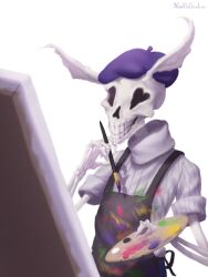  1other antennae apron artist_painter beret black_apron blue_hat easel english_commentary hat heart heart-shaped_eyes highres holding holding_paint_palette kimchunsik original paint_palette painter_(stereotype) skeleton solo teeth white_background 