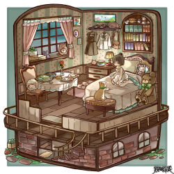  1girl animal animal_slippers bag bed book border brown_hair brown_hat cat chair chigu clock clothes_hanger collared_shirt commentary_request commission curtains dairoku_ryouhei diorama dress floorplan flower green_eyes green_ribbon handbag hat lamp mary_janes neck_ribbon nightgown nightstand outside_border pen picture_frame ribbon rose shirt shoes sitting slippers stairs stuffed_animal stuffed_rabbit stuffed_toy table teddy_bear unworn_hat unworn_headwear unworn_shoes wariza white_nightgown 
