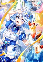  1girl absurdres ahoge apron arm_up ascot blue_ascot blue_bow blue_dress blue_eyes blue_gem blue_hair blue_pupils bow cake cake_slice character_name commentary dress drop-shaped_pupils enmaided food frilled_apron frilled_hairband frills furina_(genshin_impact) gem genshin_impact hair_between_eyes hair_bow hairband heterochromia highres holding holding_tray hydro_symbol_(genshin_impact) leegh19769 long_hair maid maid_headdress multicolored_hair open_mouth spilling surintendante_chevalmarin symbol-shaped_pupils tray very_long_hair vision_(genshin_impact) w white_apron white_hair white_hairband white_wrist_cuffs wrist_cuffs 