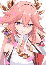  1girl akame00 bare_shoulders breasts cherry_blossoms commentary double-parted_bangs earrings falling_petals fox_girl fox_shadow_puppet fox_tail genshin_impact hair_ornament hashtag-only_commentary highres jewelry large_breasts looking_at_viewer petals pink_hair shirt simple_background sleeveless sleeveless_shirt smile solo tail violet_eyes white_background white_shirt wide_sleeves yae_miko 