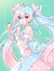  1girl aqua_choker aqua_eyes aqua_hair aqua_nails blush breasts cherry_blossoms choker closed_mouth collarbone commentary_request cup dress fingernails flower food from_side fusion gradient_hair green_background hair_between_eyes hair_flower hair_ornament hair_ribbon hatsune_miku highres holding holding_cup holding_spoon ice_cream ice_cream_float long_hair masumofu medium_breasts multicolored_hair nail_polish pink_hair ribbon sakura_miku simple_background smile solo spoon strapless strapless_dress tongue tongue_out twintails very_long_hair vocaloid white_dress yuki_miku 