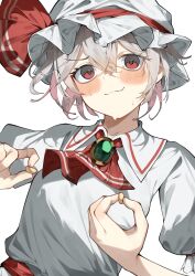  1girl :3 ascot beans blush collared_dress commentary dress fang hair_between_eyes hat highres mob_cap potato_(comicomi0211) red_ascot red_eyes remilia_scarlet setsubun short_hair short_sleeves smile solo sweat sweatdrop touhou upper_body vampire white_background white_dress white_hair 