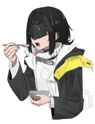  1girl arknights arknights:_endfield black_coat blindfold_mask bowl coat commentary cropped_torso eating endministrator_(arknights) female_endministrator_(arknights) highres holding holding_bowl karakr_shin long_sleeves mask medium_hair open_clothes open_coat open_mouth sidelocks simple_background solo sweater teeth turtleneck turtleneck_sweater white_background white_sweater 