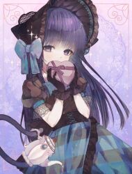  1girl absurdres aqua_skirt black_gloves bonnet brown_bonnet cat_tail dress empty_eyes frederica_bernkastel frilled_gloves frills gloves hashtag-only_commentary highres inset_border long_hair plaid_clothes plaid_skirt puffy_short_sleeves puffy_sleeves purple_background purple_hair short_sleeves skirt solo sparkle tail teapot umineko_no_naku_koro_ni umirukode violet_eyes 