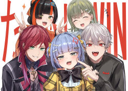  +++ 2boys 3girls absurdres anger_vein black_bow black_bowtie black_hair black_jacket black_nails blonde_hair blue_hair blush bow bowtie choya_hanabi closed_eyes commentary_request double_v earrings facial_mark fangs flower green_eyes grey_hair hair_flower hair_ornament hanabusa_lisa highres jacket jewelry kuzuha_(nijisanji) lauren_iroas long_hair long_sleeves looking_at_viewer medium_hair mole mole_under_eye multicolored_hair multiple_boys multiple_girls necklace nijisanji open_mouth orange_hair pointy_ears red_eyes red_hair sakahana short_hair smile sparkle teeth track_jacket two-tone_hair v virtual_youtuber vspo! yano_kuromu yellow_eyes 